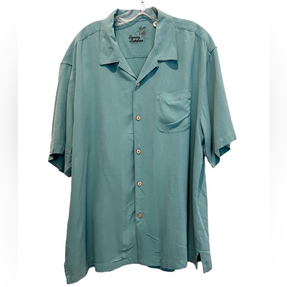 Tommy Bahama Silk Original Fit Camp Shirt Light Turquoise Edge Stitch Detail XL - Picture 1 of 9